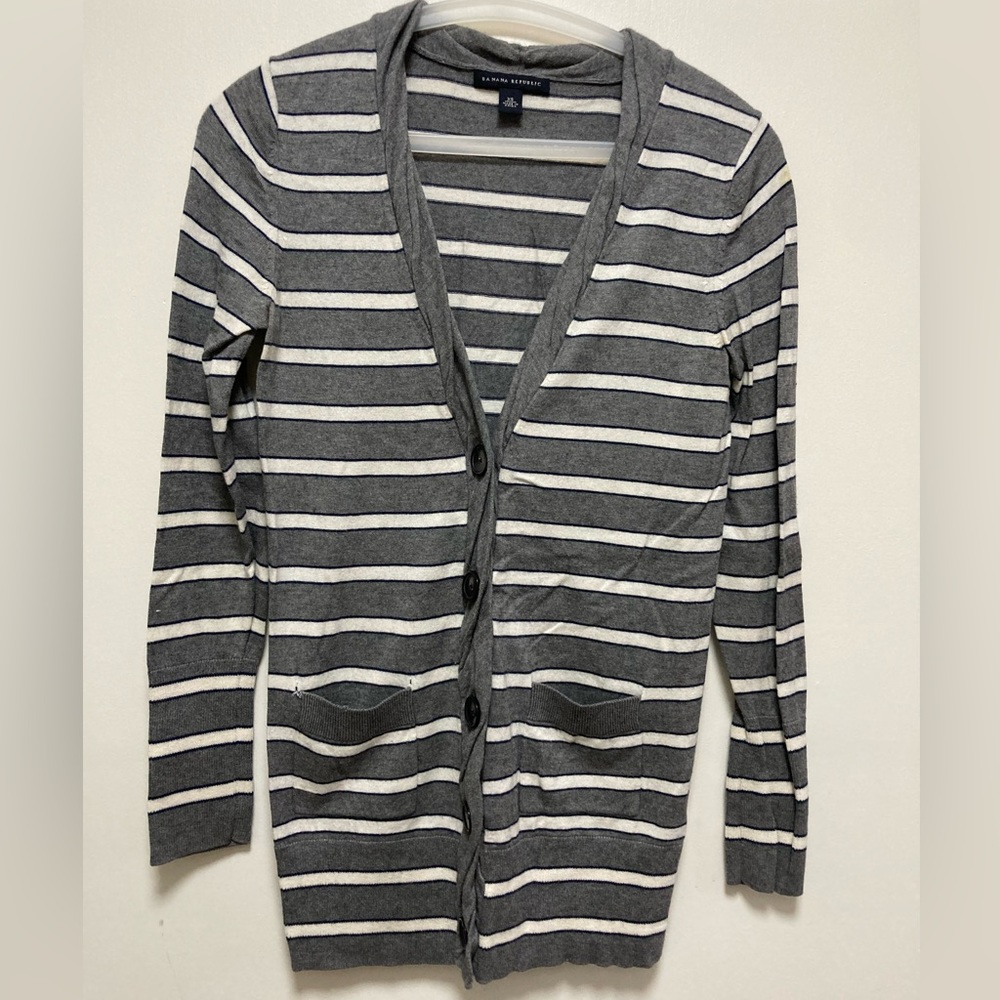 Banana Republic Gray, Navy & White Striped Cardigan XS